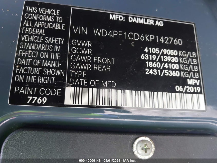 2019 MERCEDES-BENZ SPRINTER 2500 HIGH ROOF V6 - WD4PF1CD6KP142760