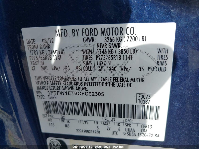 2012 Ford F150 Supercrew VIN: 1FTFW1ET6CFC92305 Lot: 40006152