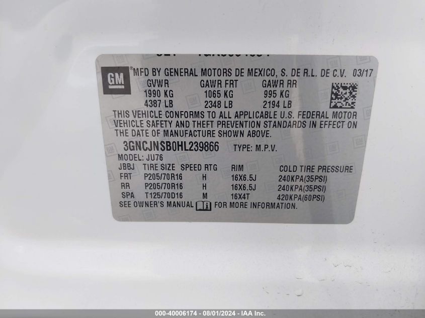 2017 Chevrolet Trax Ls VIN: 3GNCJNSB0HL239866 Lot: 40006174