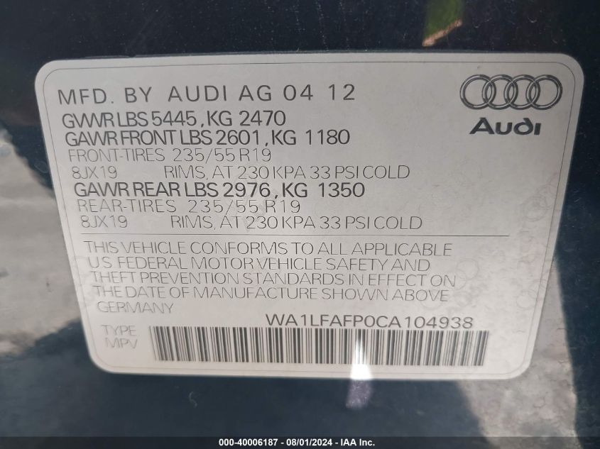 2012 Audi Q5 2.0T Premium VIN: WA1LFAFP0CA104938 Lot: 40006187