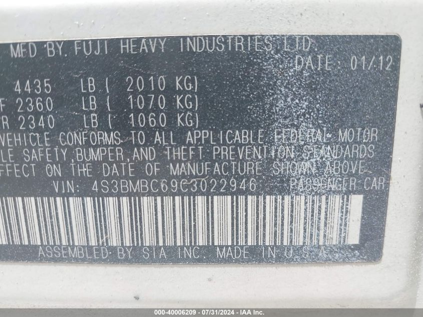 2012 Subaru Legacy 2.5I Premium VIN: 4S3BMBC69C3022946 Lot: 40006209
