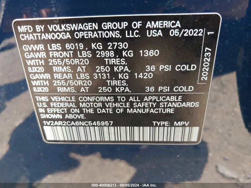 1V2AR2CA6NC545957 2022 Volkswagen Atlas 3.6L V6 Sel R-Line