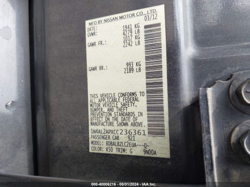 1N4AL2APXCC236361 2012 Nissan Altima 2.5 S