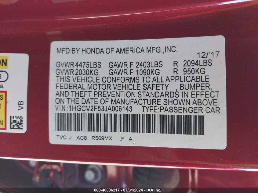 VIN 1HGCV2F53JA006143 2018 HONDA ACCORD EX-L 2.0T