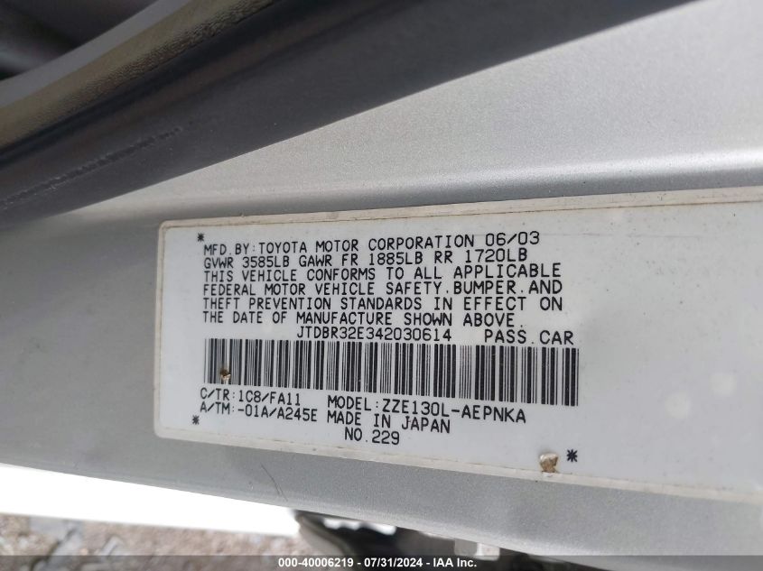 2004 Toyota Corolla Le VIN: JTDBR32E342030614 Lot: 40006219