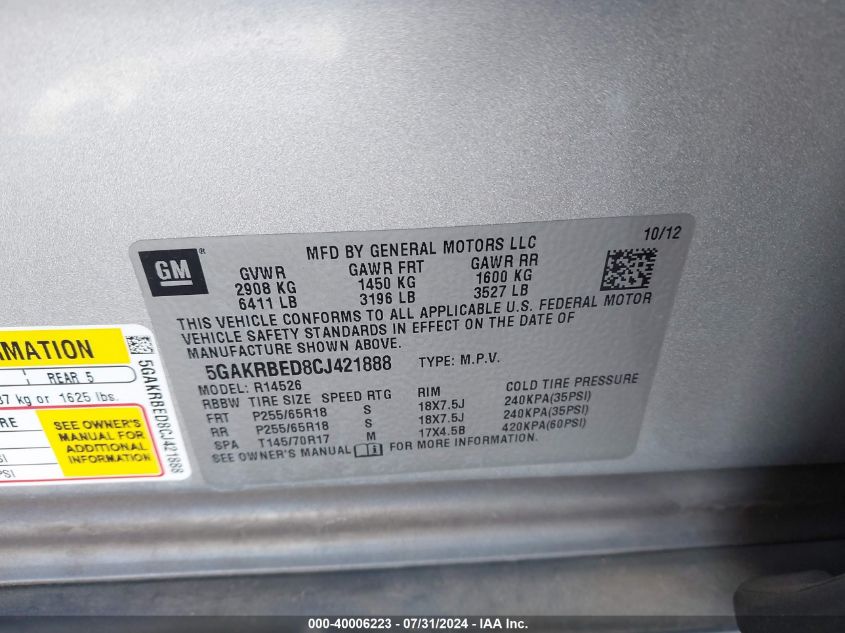 2012 Buick Enclave VIN: 5GAKRBED8CJ421888 Lot: 40006223