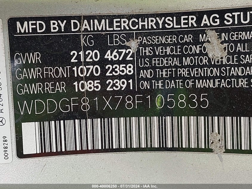 2008 Mercedes-Benz C 300 Luxury 4Matic/Sport 4Matic VIN: WDDGF81X78F105835 Lot: 40006250