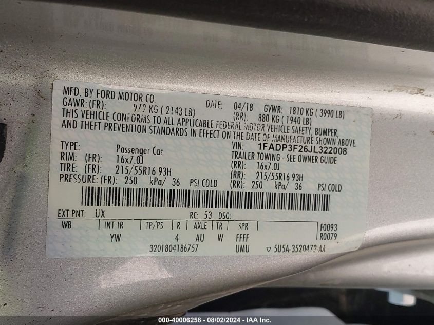 1FADP3F26JL322008 2018 Ford Focus Se