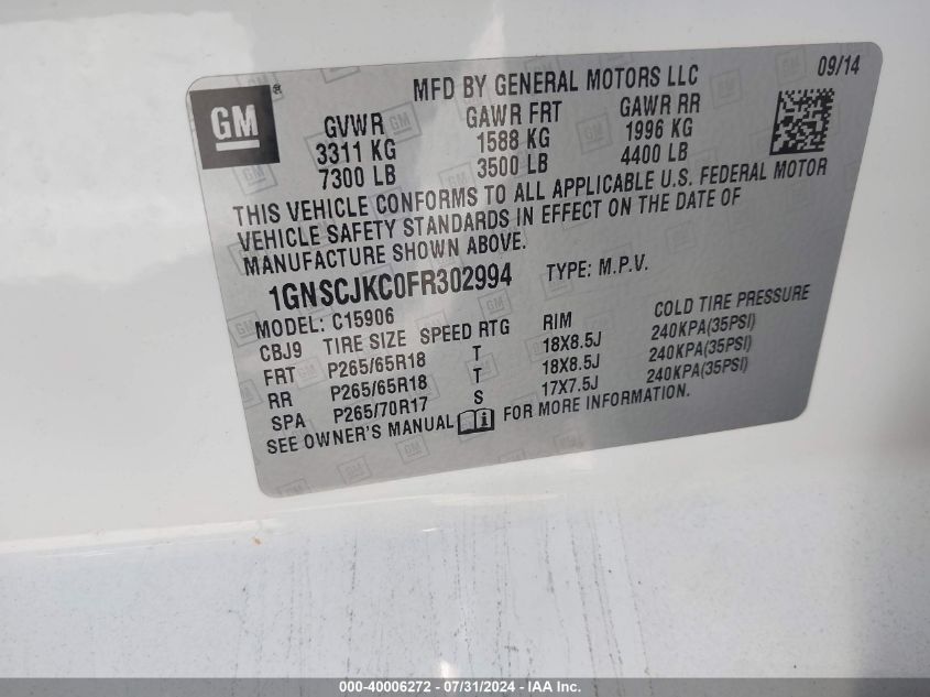 2015 Chevrolet Suburban 1500 Lt VIN: 1GNSCJKC0FR302994 Lot: 40006272