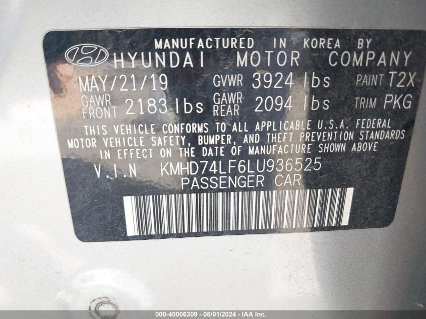 2020 Hyundai Elantra Se VIN: KMHD74LF6LU936525 Lot: 40006309