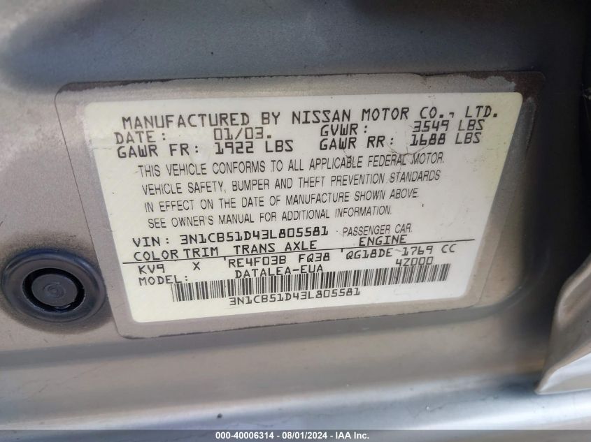 2003 Nissan Sentra Gxe VIN: 3N1CB51D43L805581 Lot: 40006314