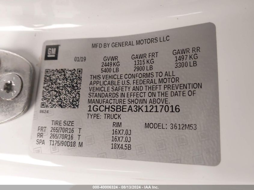 2019 Chevrolet Colorado Wt VIN: 1GCHSBEA3K1217016 Lot: 40006324