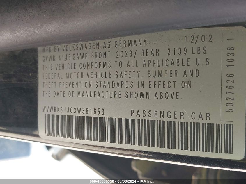 2003 Volkswagen Jetta Gl VIN: WVWRK61J03W381653 Lot: 40006356