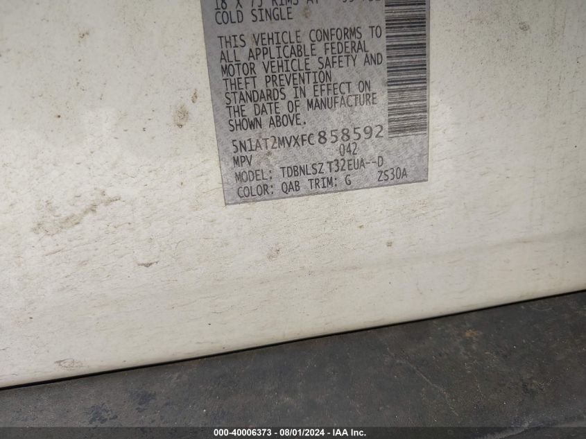 2015 Nissan Rogue Sl VIN: 5N1AT2MVXFC858592 Lot: 40006373