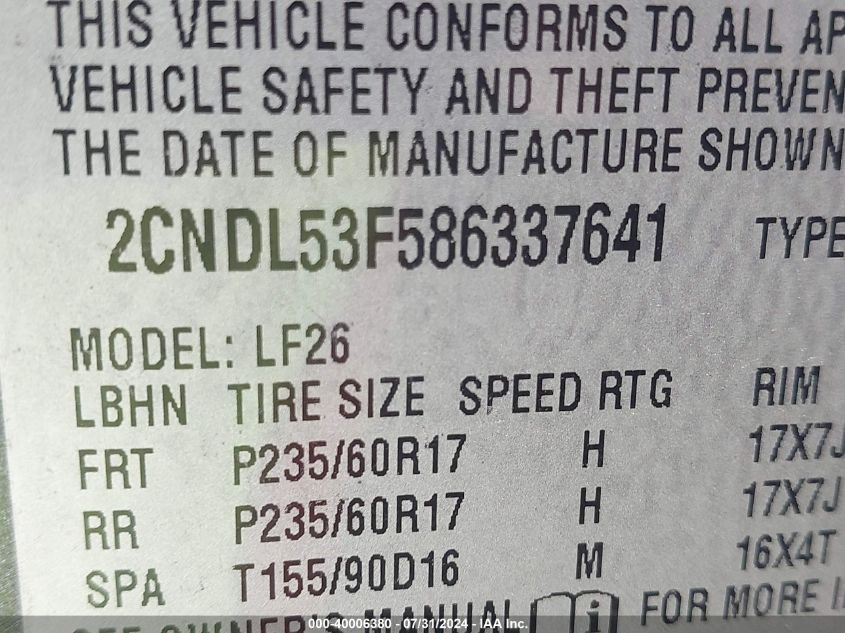 2008 Chevrolet Equinox Lt VIN: 2CNDL53F586337641 Lot: 40006380