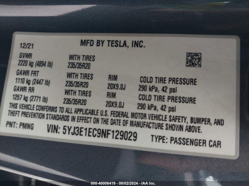 2022 TESLA MODEL 3 PERFORMANCE DUAL MOTOR ALL-WHEEL DRIVE - 5YJ3E1EC9NF129029