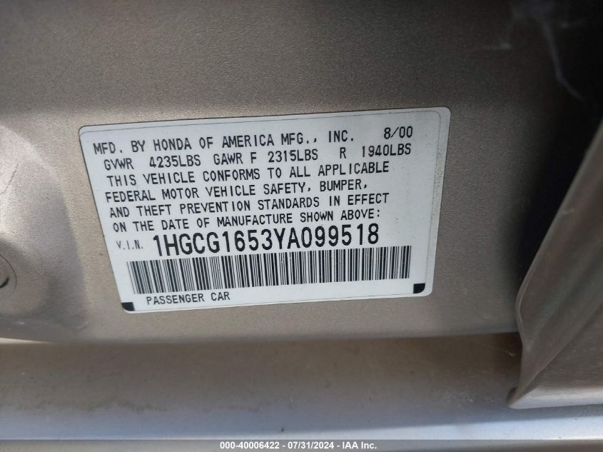 2000 Honda Accord 3.0 Ex VIN: 1HGCG1653YA099518 Lot: 40006422