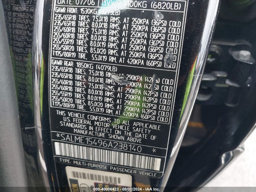 2006 Land Rover Range Rover Hse VIN: SALME15496A238140 Lot: 40006423