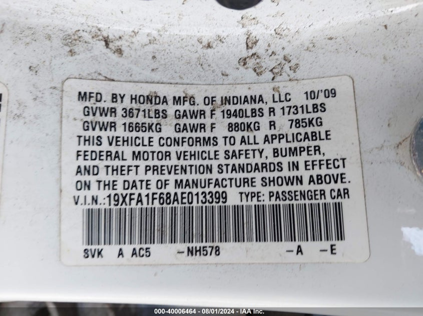 2010 Honda Civic Lx-S VIN: 19XFA1F68AE013399 Lot: 40006464