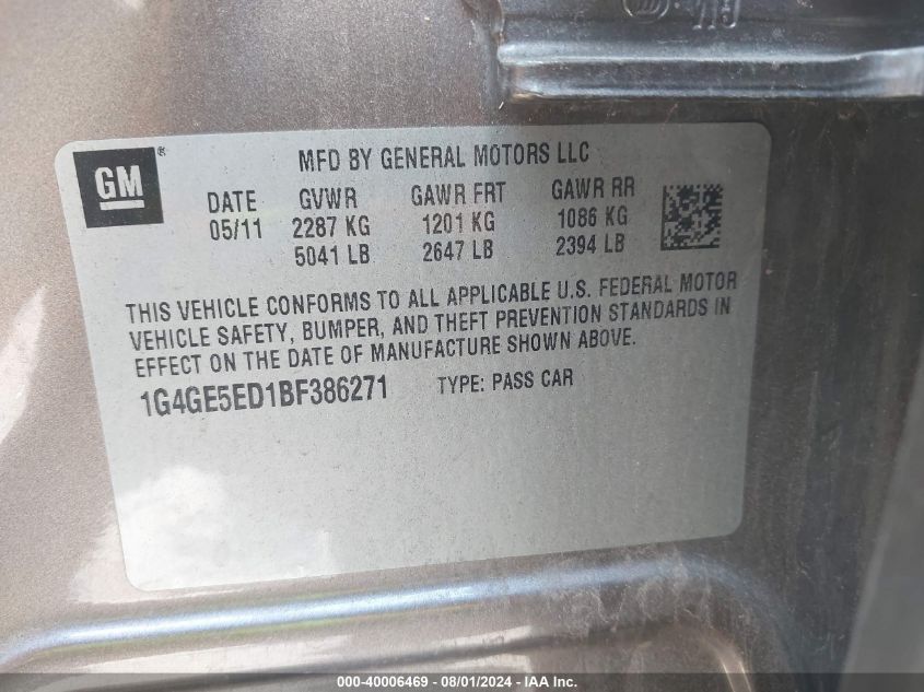 2011 Buick Lacrosse Cxs VIN: 1G4GE5ED1BF386271 Lot: 40006469