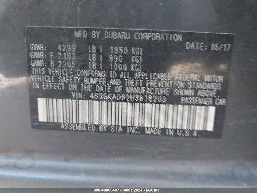 2017 Subaru Impreza 2.0I Premium VIN: 4S3GKAD62H3618203 Lot: 40006487