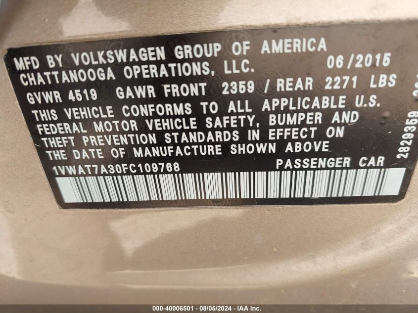 2015 Volkswagen Passat 1.8T Limited Edition VIN: 1VWAT7A30FC109768 Lot: 40006501