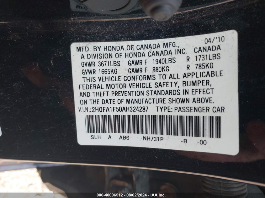 2010 Honda Civic Lx VIN: 2HGFA1F50AH324287 Lot: 40006512