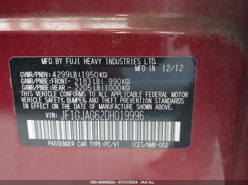 2013 Subaru Impreza 2.0I Limited VIN: JF1GJAG62DH019996 Lot: 40006524