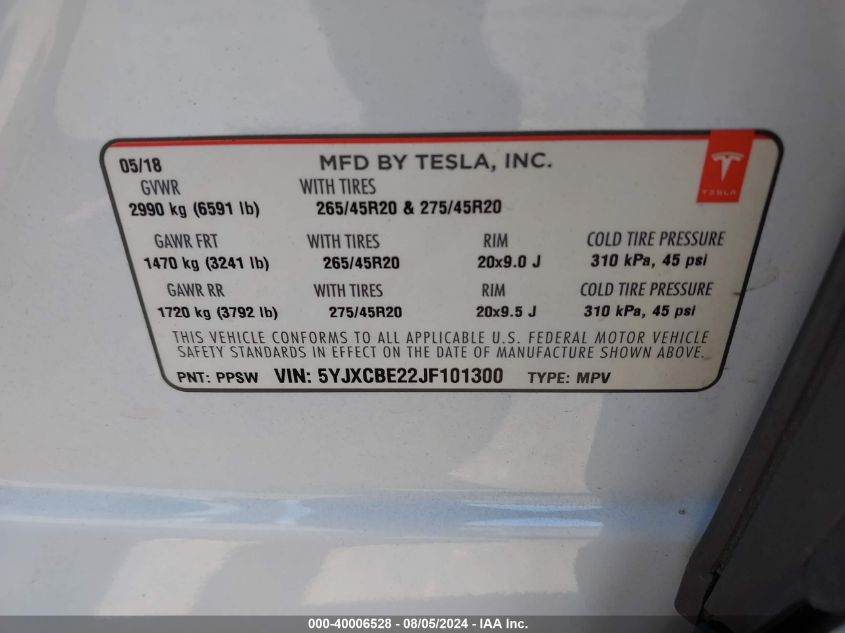 2018 Tesla Model X 100D/75D/P100D VIN: 5YJXCBE22JF101300 Lot: 40006528