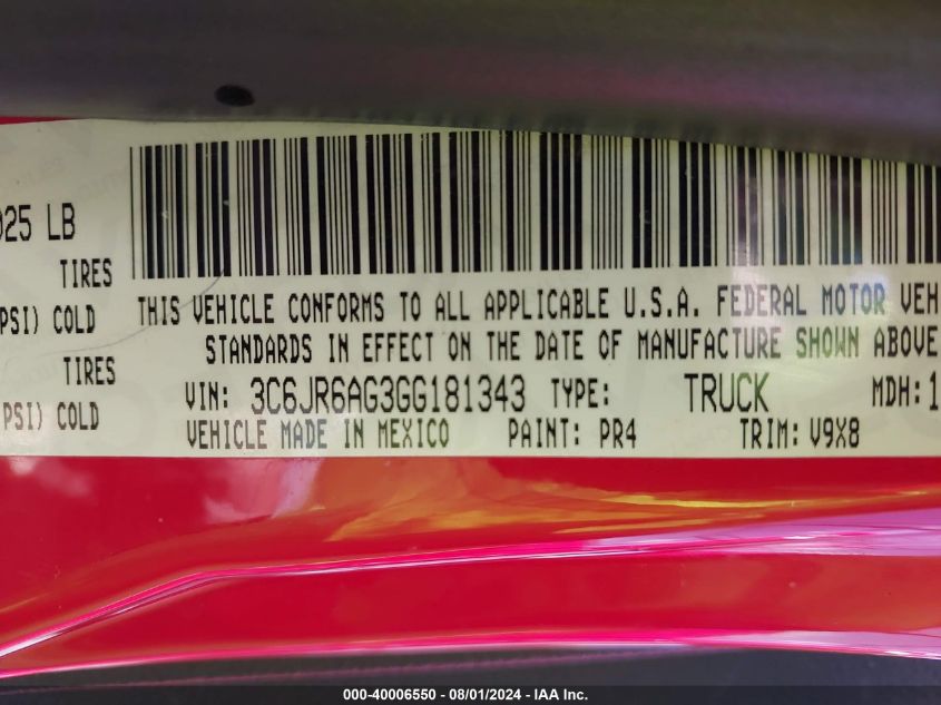 2016 RAM 1500 TRADESMAN - 3C6JR6AG3GG181343