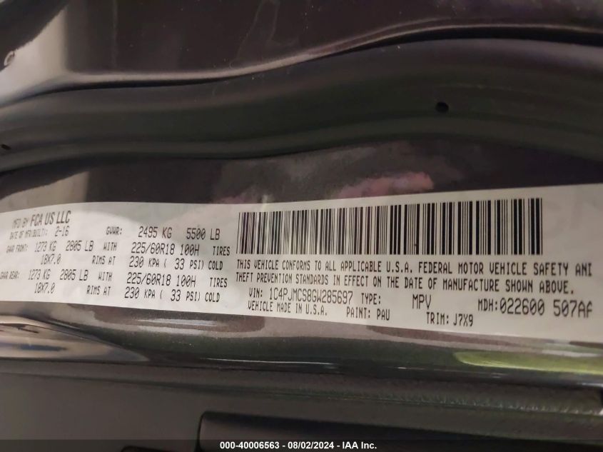 2016 Jeep Cherokee 75Th Anniversary VIN: 1C4PJMCS8GW285697 Lot: 40006563