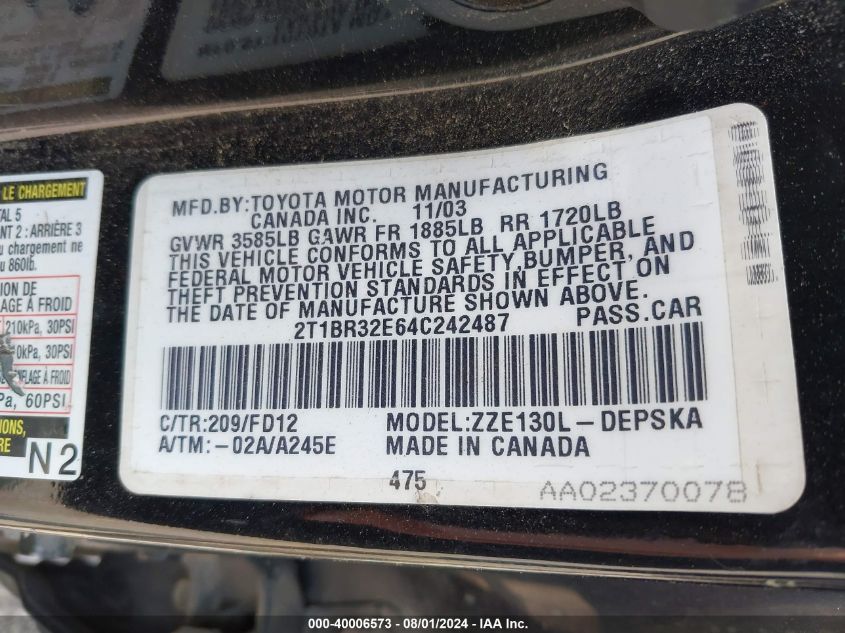 2004 Toyota Corolla S VIN: 2T1BR32E64C242487 Lot: 40006573