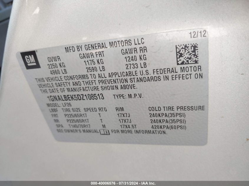 2013 Chevrolet Equinox Ls VIN: 1GNALBEK5DZ108513 Lot: 40006576