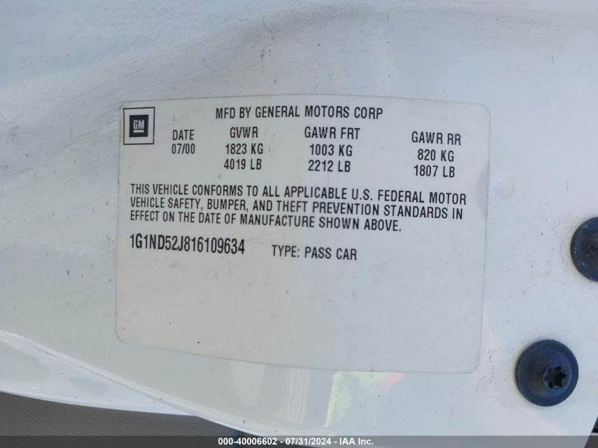 2001 Chevrolet Malibu VIN: 1G1ND52J816109634 Lot: 40006602