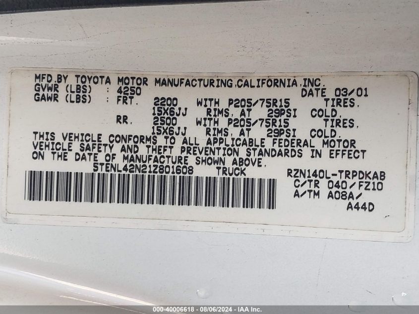 2001 Toyota Tacoma VIN: 5TENL42N21Z801608 Lot: 40006618