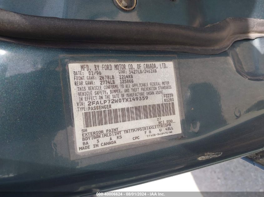 1996 Ford Crown Victoria S VIN: 2FALP72W0TX149359 Lot: 40006624