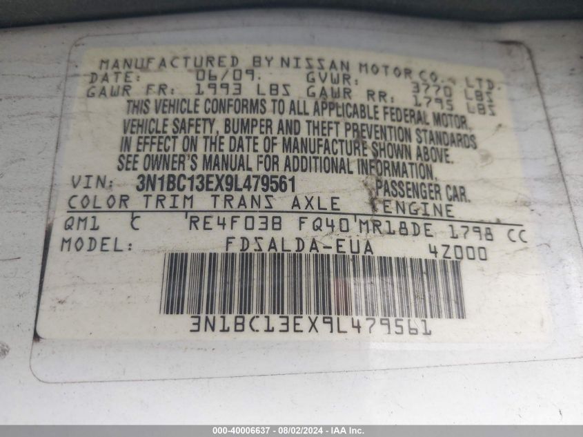 2009 Nissan Versa S/Sl VIN: 3N1BC13EX9L479561 Lot: 40006637