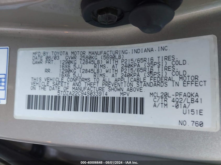 2004 Toyota Sienna Xle VIN: 5TDZA22C94S033914 Lot: 40006648