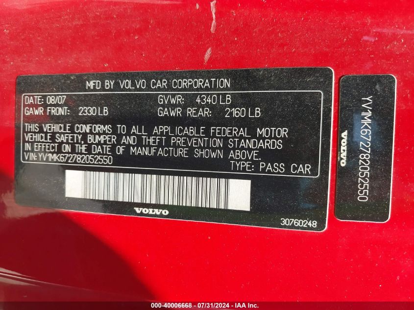 2008 Volvo C30 T5 R-Design/T5 Version 1.0/T5 Version 2.0 VIN: YV1MK672782052550 Lot: 40006668