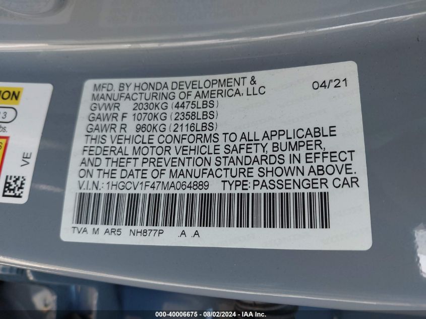 2021 Honda Accord Sport Special Edition VIN: 1HGCV1F47MA064889 Lot: 40006675