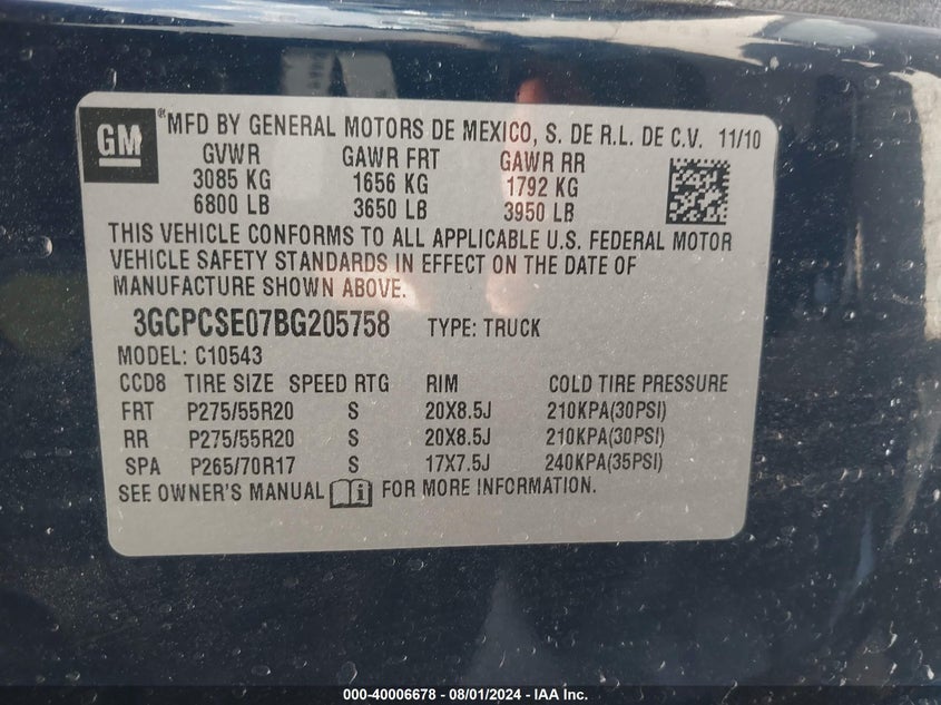 2011 Chevrolet Silverado 1500 Lt VIN: 3GCPCSE07BG205758 Lot: 40006678