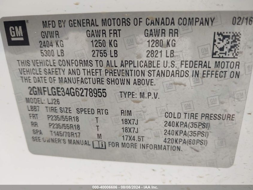 2016 Chevrolet Equinox Ltz VIN: 2GNFLGE34G6278955 Lot: 40006686