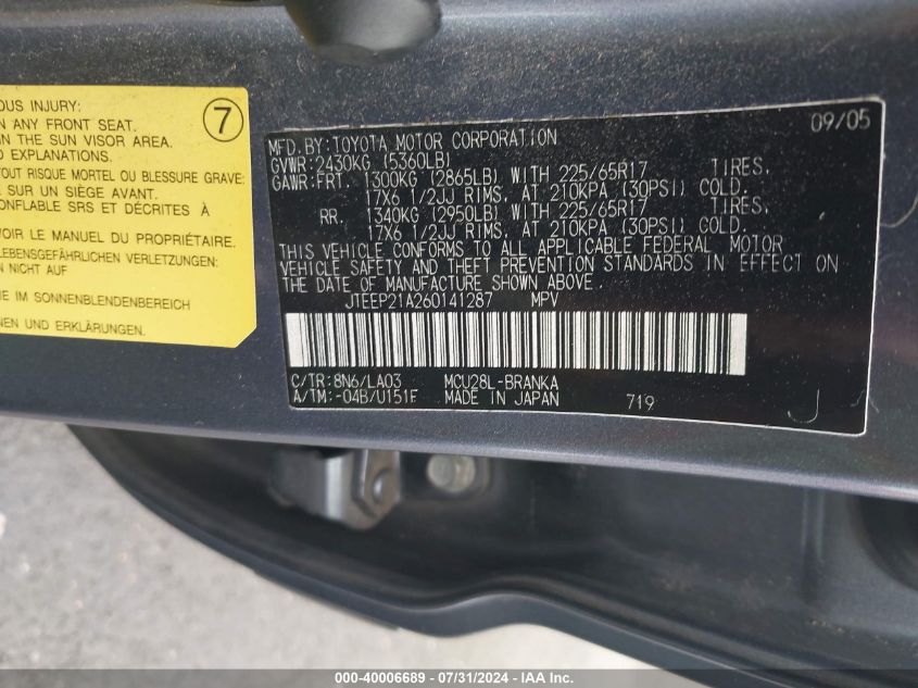 2006 Toyota Highlander Limited V6 VIN: JTEEP21A260141287 Lot: 40006689