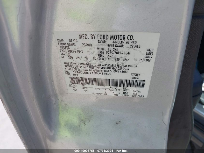 2011 Ford Escape Xlt VIN: 1FMCU0D71BKA14629 Lot: 40006755