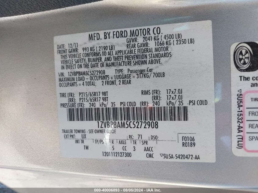 2012 Ford Mustang V6 VIN: 1ZVBP8AM5C5272908 Lot: 40006893