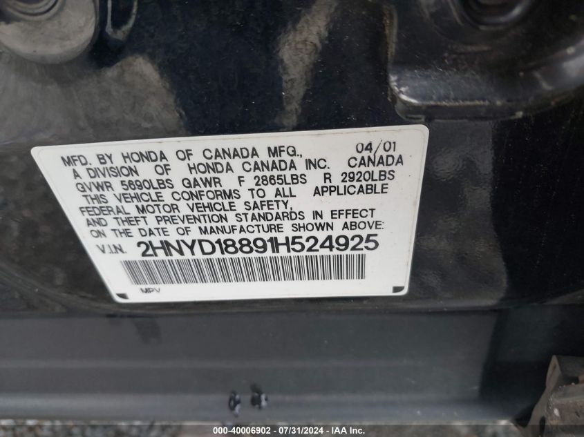 2001 Acura Mdx VIN: 2HNYD18891H524925 Lot: 40006902