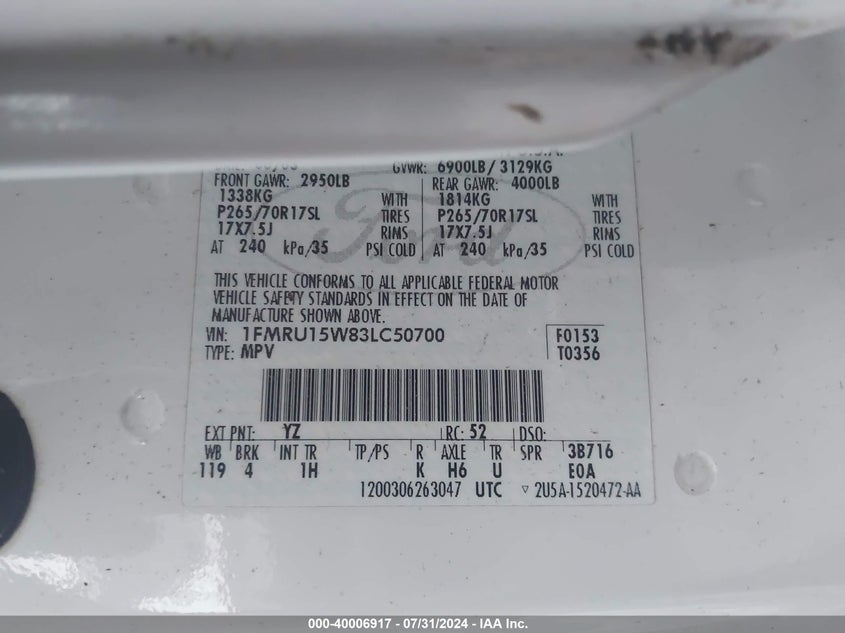 2003 Ford Expedition Xlt VIN: 1FMRU15W83LC50700 Lot: 40006917