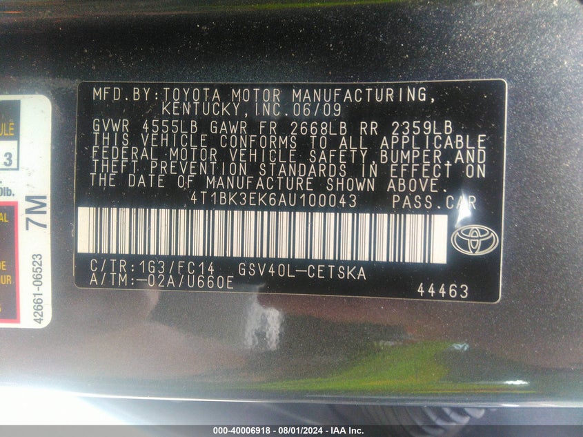 2010 Toyota Camry Se V6 VIN: 4T1BK3EK6AU100043 Lot: 40006918
