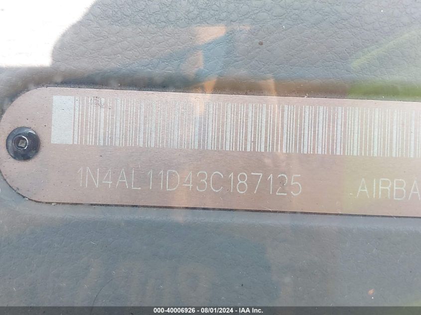 2003 Nissan Altima 2.5 S VIN: 1N4AL11D43C187125 Lot: 40006926