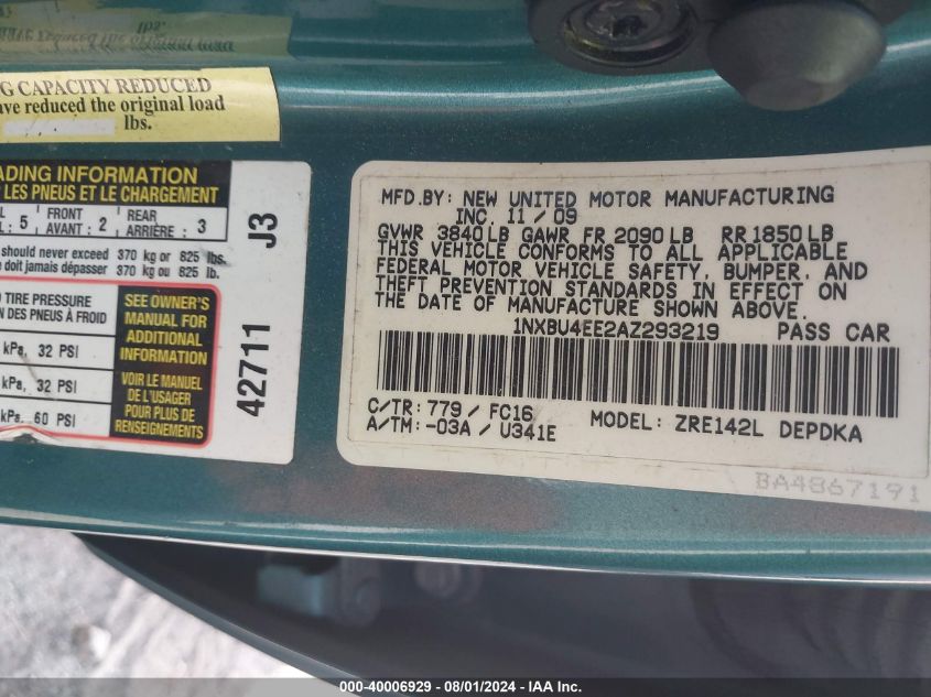 2010 Toyota Corolla Le VIN: 1NXBU4EE2AZ293219 Lot: 40006929